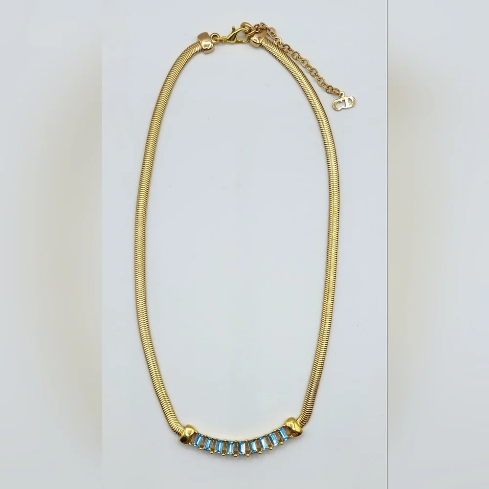Vintage Christian Dior Gold Plated With Blue Crystal Choker Necklace - Picture 3 of 7